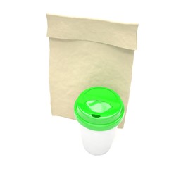 Coffee to go and lunch bag, on white.
