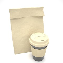 Coffee to go and lunch bag, on white.