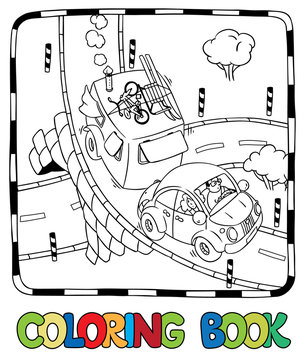Yellow retro car with trailer. Coloring book