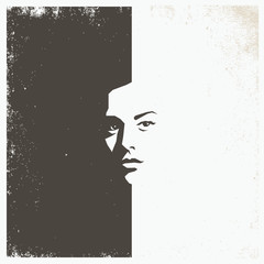 Woman face, grunge wallpaper template - half black half white