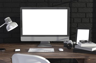 Fototapeta premium 3D illustration PC screen on table in office, Workspace
