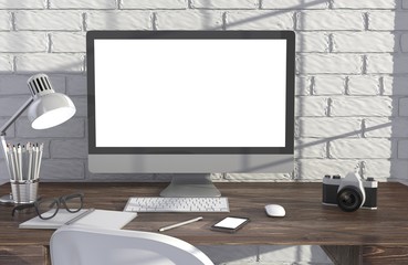Fototapeta premium 3D illustration PC screen on table in office, Workspace