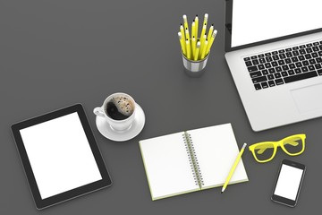 laptop and office stuff, workplace, top view