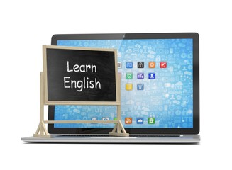  Laptop with chalkboard, learn english, online education concept