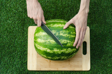Summer and fresh watermelon topic: human hand with a knife beginning to cut a watermelon on the grass on a cutting board - Powered by Adobe