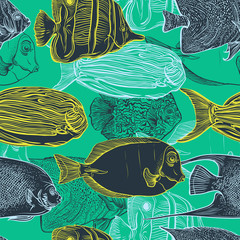 Plakaty  Seamless pattern with collection of tropical fish.Vintage set of hand drawn marine fauna.Vector illustration in line art style.Design for summer beach, decorations.