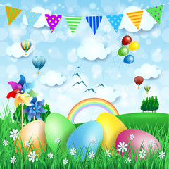 Easter background with countryside and Easter eggs