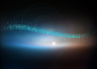 Abstract background with bright blue glowing waves and bokeh
