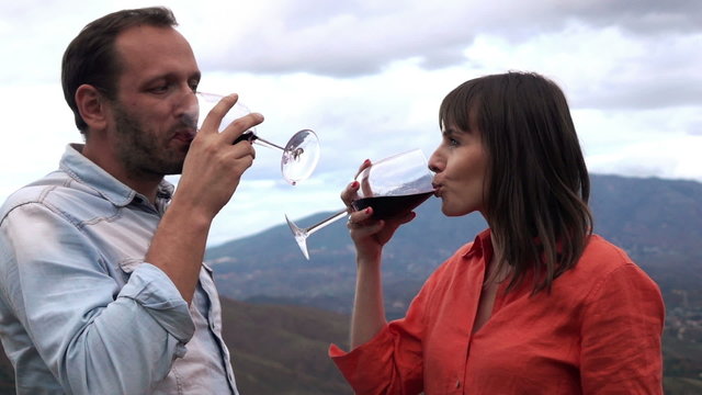 Young happy couple drinking wine in the country mountain, 240fps
