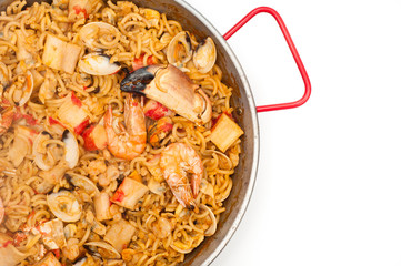 Catalan Fideua, a traditional seafood dish from north east Spain similar to paella but made with short lengths of pasta instead of rice.