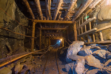 Fototapeta na wymiar underground gold mine ore tunnel with rails Berezovsky mine Ural