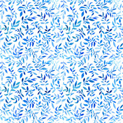 Watercolor seamless pattern with blue, azure leaves. Floral pattern with watercolor. 