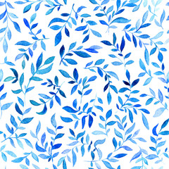 Watercolor seamless pattern with blue, azure leaves. Floral pattern with watercolor. 