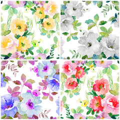 Set of four watercolor seamless pattern with simple colorful flowers. Spring and summer motifs. Can be used for wrapping paper and any your design.