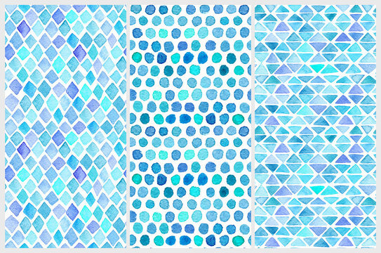 Set of seamless watercolor patterns. Simple geometric shapes.