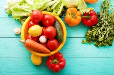 Vegetables and incredients for cooking with copy space. Top view and selective focus