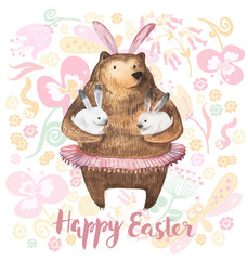 Cute bear holding two little bunnies. Hand Drawn Watercolor illustration. Happy Easter Card