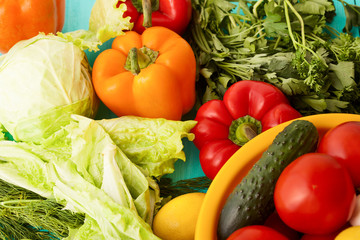 Vegetables and incredients for cooking. Top view and selective focus