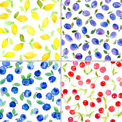 Set of four watercolor seamless pattern with fruits and berries.  Can be used for wrapping paper, background of birthday, mother's day and any holidays.