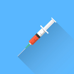Syringe icon on a blue background with long shadow