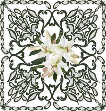 Dark Green Design With Three Lily Blooms