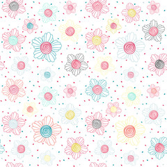 Doodle flowers. Spiral middle. Seamless pattern.