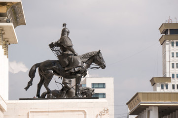 Statue of Mongolian warrior in the center area of Ulaanbaatar