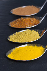 oriental indian spices curry paprika nutmeg on slate