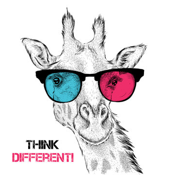Portrait of the giraffe in the colored glasses. Think different. Vector illustration.