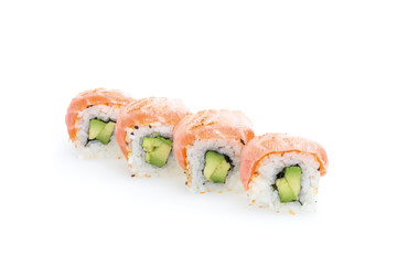 Lachs Sushi, auf weißem Hintergrund, Foodfotografie