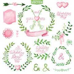 Watercolor Wedding set.Branches,laurels wreath,pink decor