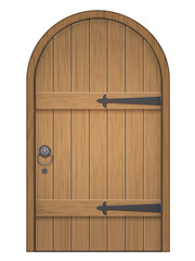 Obraz premium Old wooden arch door. Closed door, made of wooden planks, with iron hinges. Vector isolated illustration.