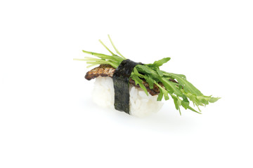 Nigir Rucola, Sushi, auf weißem Hintergrund, Foodfotografie