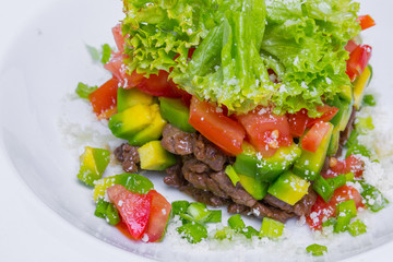 Salad with veal and avocado, closeup