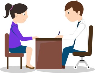 Doctor and female patient sitting at the table. Isolated On White Background
