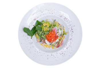 Salmon salad with prawns, top view, isolated