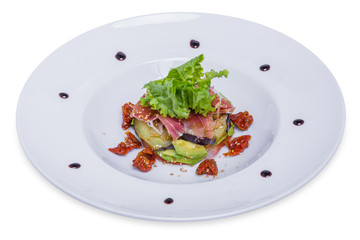 Salad with eggplant and avocado, isolated