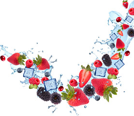 Fresh fruits, mix berries falling in water splash, isolated on white background