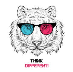 Portrait of the tiger in the colored glasses. Think different. Vector illustration.