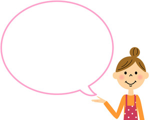 エプロンの女性　こちら　吹き出し