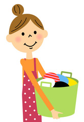 エプロンの女性　洗濯