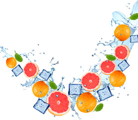 Water splash with fruits isolated on white backgroud. Fresh grapefruits