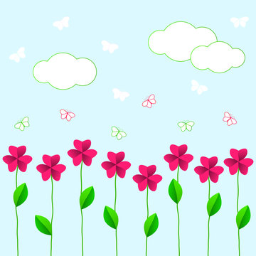 pink flowers with green leaves and butterflies on a blue background