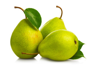 Ripe green pears isolated with leaves isolated