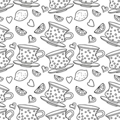 Seamless pattern with cups, lemons and hearts