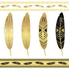 Set of gold tribal feathers. Flash tattoo ethnic seamless patterns.