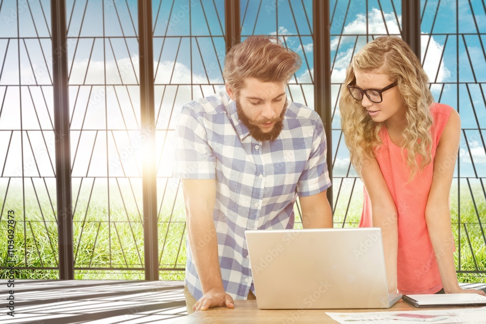 Aufkleber composite image of man using laptop while discussing with woman