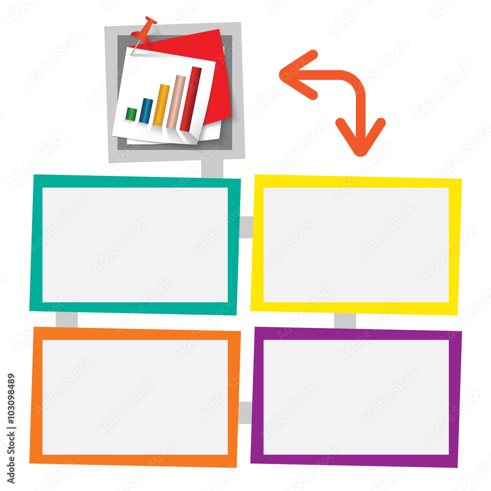 Poster four colored frames for your text with pushpin and graph