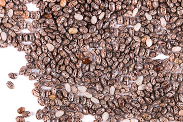 Macro shot of chia seeds texture background on white. top view. flat lay.