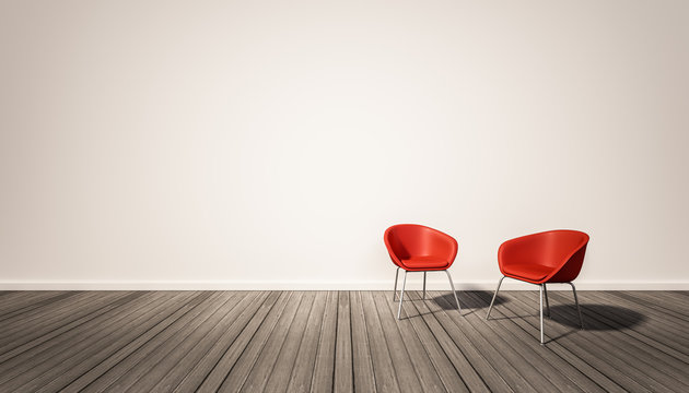Hardwood floor and white wall, with red chairs, 3d rendered